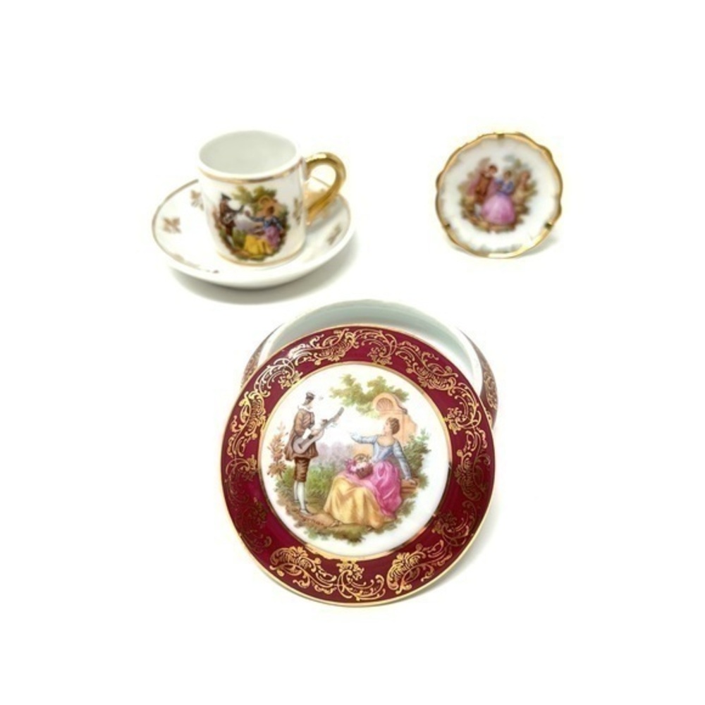 Lot of Limoges espresso cup and saucer, jewel box, and tiny plate with holder.